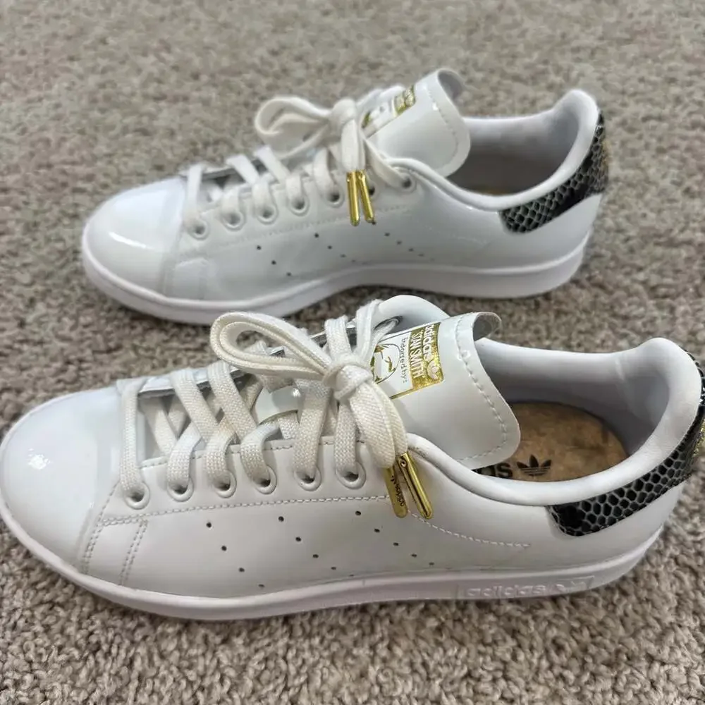 Adidas Stan Smith Womens 8 White Gold‎ Snake Heel Tab Leather Sneakers EUC